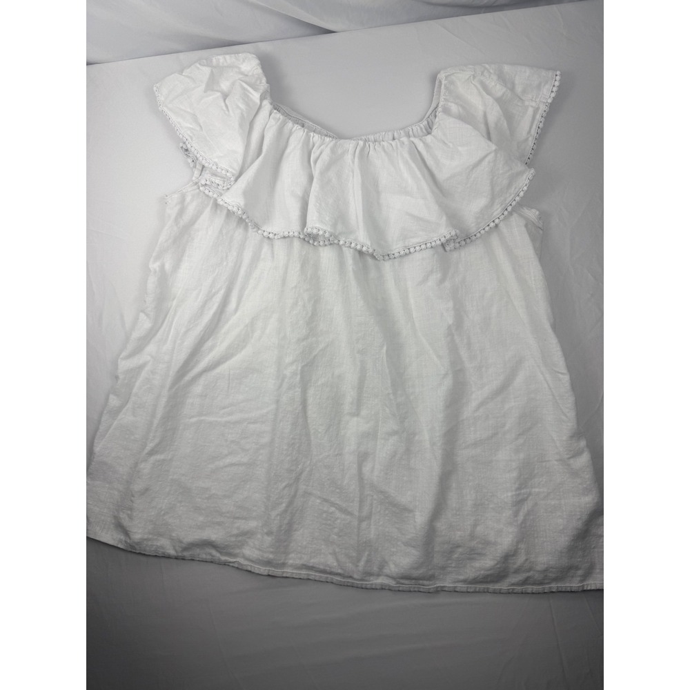 Faded Glory Arctic White Cotton Ruffle Pom Pom Trim Boho Top XXL 20 Cottagecore